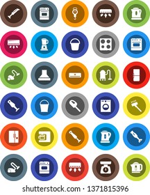 White Solid Icon Set- vacuum cleaner vector, bucket, kettle, scales, oven, blender, air conditioner, fridge, washer, coffee maker, hood