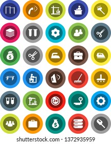 White Solid Icon Set- vacuum cleaner vector, rake, iron, steaming, student, money bag, case, horizontal bar, big scales, group, vial, scissors, data, gear, construction crane, 24 hour