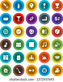 White Solid Icon Set- vacuum cleaner vector, window cleaning, foam basin, colander, ladle, corner ruler, backpack, music, exchange, punching bag, glass, protected, internet, pause button, dna, pin