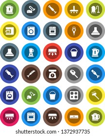 White Solid Icon Set- vacuum cleaner vector, bucket, kettle, scales, oven, blender, air conditioner, washer, coffee maker, hood