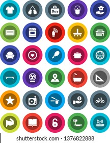 White Solid Icon Set- vacuum cleaner vector, house hold, pan, camping cauldron, cook press, book, corner ruler, investment, bike, muscule hand, boxing glove, skateboard, map pin, wood box, radio