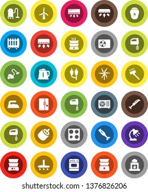White Solid Icon Set- vacuum cleaner vector, iron, kettle, mixer, oven, double boiler, blender, table lamp, rca, windmill, air conditioner, ari condition, fridge, epilator, heater, fireplace