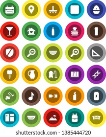 White Solid Icon Set- vacuum cleaner vector, window cleaning, agent, shining, colander, cook timer, cookbook, jug, corner ruler, backpack, music, punching bag, enegry drink, glass, protected, dna