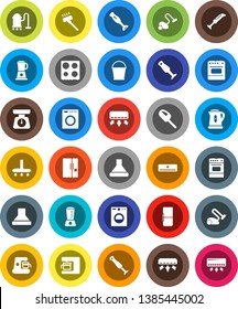 White Solid Icon Set- vacuum cleaner vector, bucket, kettle, scales, oven, blender, air conditioner, fridge, washer, coffee maker, hood