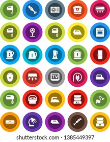 White Solid Icon Set- vacuum cleaner vector, iron, kettle, mixer, double boiler, blender, table lamp, tv, air conditioner, ari condition, fridge, power plug, multi cooker, oven, epilator, fan