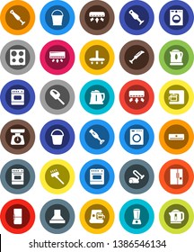 White Solid Icon Set- vacuum cleaner vector, bucket, kettle, scales, oven, blender, air conditioner, fridge, washer, coffee maker, hood