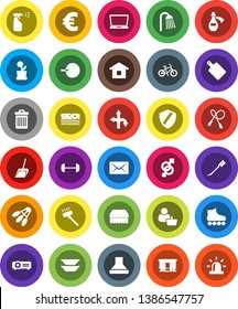 White Solid Icon Set- vacuum cleaner vector, scoop, sponge, trash bin, car fetlock, sprayer, shower, cutting board, plates, euro sign, barbell, bike, jump rope, roller Skates, breads, shuttlecock