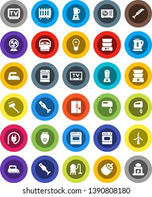 White Solid Icon Set- vacuum cleaner vector, iron, kettle, oven, double boiler, blender, tv, rca, windmill, ari condition, fridge, power plug, mixer, multi cooker, epilator, fan, heater, bulb