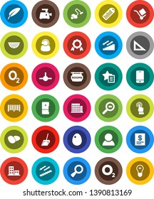 White Solid Icon Set- vacuum cleaner vector, scoop, colander, egg, potato, pen, corner ruler, medal, stairways run, oxygen, cargo, search, barcode, mobile phone, touchscreen, magnifier, connect