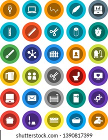 White Solid Icon Set- vacuum cleaner vector, clothespin, toilet, brush, foam basin, paper, water closet, pan, measuring cup, scales, pen, ruler, notebook pc, alarm clock, scissors, molecule, breads