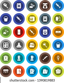 White Solid Icon Set- vacuum cleaner vector, bucket, kettle, scales, oven, blender, air conditioner, fridge, washer, coffee maker, hood
