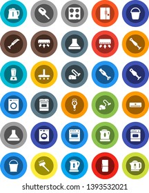 White Solid Icon Set- vacuum cleaner vector, bucket, kettle, scales, oven, blender, air conditioner, fridge, washer, hood