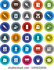 White Solid Icon Set- vacuum cleaner vector, bucket, kettle, scales, oven, blender, air conditioner, fridge, washer, coffee maker, hood
