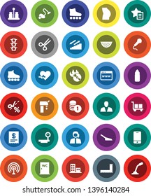 White Solid Icon Set- vacuum cleaner vector, scoop, water closet, colander, spices, corner ruler, coin stack, buttocks, roller Skates, bottle, stairways run, traffic light, support, cargo, music hit