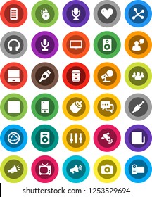 White Solid Icon Set- vector, music hit, camera, microphone, satellitie, newspaper, loudspeaker, settings, internet, mobile phone, dialog, speaking man, headphones, monitor, notebook pc, speaker, tv