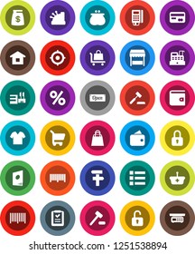 White Solid Icon Set- wallet vector, target, credit card, money bag, open, shopping, percent, market, mall, barcode, reader, cashbox, basket, cart, home, list, auction, trolley, catalog, lock, menu