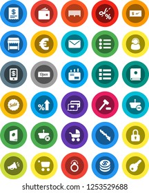 White Solid Icon Set- wallet vector, crisis, percent growth, euro sign, credit card, dollar coin, sale, open, market, support, barcode, receipt, basket, cart, auction, mail, catalog, loudspeaker