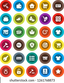 White Solid Icon Set- wallet vector, new, closed, 24 hour, store, mall, customer, target, receipt, basket, cart, home, calculator, auction, trolley, loudspeaker, unlock, check, coupon, diamond ring