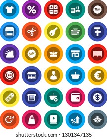 White Solid Icon Set- wallet vector, percent growth, euro sign, barcode, dollar coin, sale, new, 24 hour, shopping bag, market, store, mall, support, cashbox, receipt, basket, calculator, catalog