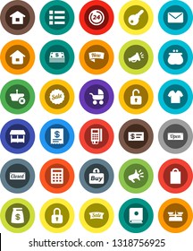 White Solid Icon Set- wallet vector, cash, money bag, sale, new, open, closed, 24 hour, shopping, market, buy, card reader, receipt, basket, home, calculator, mail, catalog, loudspeaker, lock, check