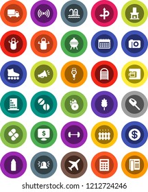 White Solid Icon Set- washboard vector, scales, apron, bbq, cereal, monitor dollar, barbell, roller Skates, water bottle, calendar, pool, route, plane, delivery, music hit, pills, siren, fireplace