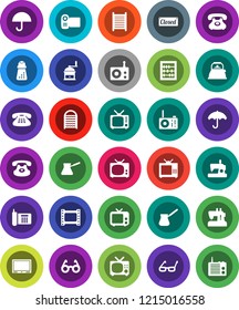 White Solid Icon Set- washboard vector, kettle, hand mill, turk coffee, glasses, abacus, phone, umbrella, film frame, radio, tv, classic, closed, video camera, sewing machine