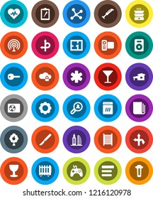 White Solid Icon Set- washboard vector, route, clipboard, glass, antenna, newspaper, gamepad, video camera, speaker, ambulance star, heart pulse, scalpel, network, cloud lock, gear, menu, key, plan