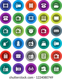 White Solid Icon Set- washboard vector, kettle, hand mill, turk coffee, glasses, alarm clock, abacus, phone, film frame, radio, tv, classic, closed, video camera, sewing machine