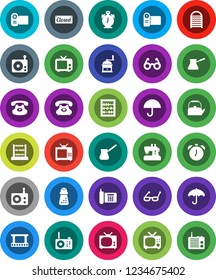 White Solid Icon Set- washboard vector, kettle, hand mill, turk coffee, glasses, alarm clock, abacus, phone, umbrella, film frame, radio, tv, classic, closed, video camera, sewing machine