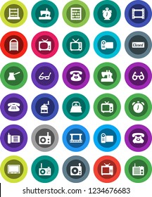 White Solid Icon Set- washboard vector, kettle, hand mill, turk coffee, glasses, alarm clock, abacus, phone, film frame, radio, tv, classic, closed, video camera, sewing machine