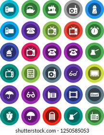 White Solid Icon Set- washboard vector, kettle, hand mill, turk coffee, glasses, alarm clock, abacus, phone, umbrella, film frame, radio, tv, classic, closed, video camera, sewing machine