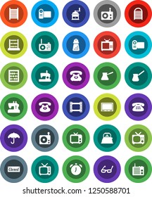 White Solid Icon Set- washboard vector, kettle, hand mill, turk coffee, glasses, alarm clock, abacus, phone, umbrella, film frame, radio, tv, classic, closed, video camera, sewing machine
