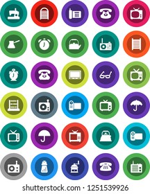 White Solid Icon Set- washboard vector, kettle, hand mill, turk coffee, glasses, alarm clock, abacus, phone, umbrella, radio, tv, classic, video camera, sewing machine