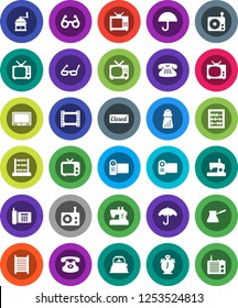 White Solid Icon Set- washboard vector, kettle, hand mill, turk coffee, glasses, alarm clock, abacus, phone, umbrella, film frame, radio, tv, classic, closed, video camera, sewing machine