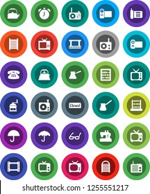 White Solid Icon Set- washboard vector, kettle, hand mill, turk coffee, glasses, alarm clock, abacus, phone, umbrella, film frame, radio, tv, classic, closed, video camera, sewing machine