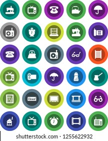White Solid Icon Set- washboard vector, kettle, hand mill, turk coffee, glasses, alarm clock, abacus, phone, umbrella, film frame, radio, tv, classic, closed, video camera, sewing machine