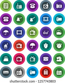 White Solid Icon Set- washboard vector, kettle, hand mill, turk coffee, glasses, alarm clock, abacus, phone, umbrella, film frame, radio, tv, classic, closed, video camera, sewing machine