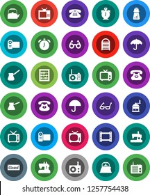 White Solid Icon Set- washboard vector, kettle, hand mill, turk coffee, glasses, alarm clock, abacus, phone, umbrella, film frame, radio, tv, classic, closed, video camera, sewing machine
