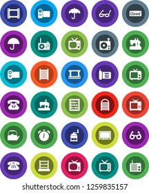 White Solid Icon Set- washboard vector, kettle, hand mill, glasses, alarm clock, abacus, phone, umbrella, film frame, radio, tv, classic, closed, video camera, sewing machine