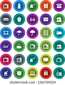 White Solid Icon Set- washboard vector, kettle, hand mill, turk coffee, glasses, alarm clock, abacus, phone, umbrella, film frame, radio, tv, classic, closed, video camera, sewing machine