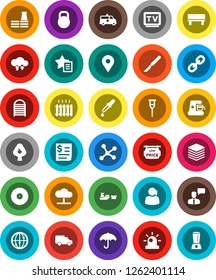 White Solid Icon Set- washboard vector, map pin, support, car, receipt, port, umbrella, weight, disk, tv, internet, speaking man, link, dropper, crutches, scalpel, amkbulance, network, cloud, bench