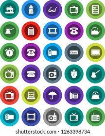 White Solid Icon Set- washboard vector, kettle, hand mill, turk coffee, glasses, alarm clock, abacus, phone, umbrella, film frame, radio, tv, classic, closed, video camera, sewing machine