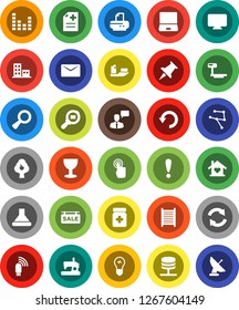 White Solid Icon Set- washboard vector, attention, ship, glass, big scales, cargo search, equalizer, touchscreen, speaking man, notebook pc, thumbtack, magnifier, pills bottle, anamnesis, network