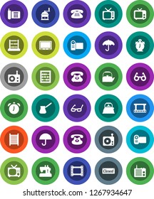 White Solid Icon Set- washboard vector, kettle, hand mill, turk coffee, glasses, alarm clock, abacus, phone, umbrella, film frame, radio, tv, classic, closed, video camera, sewing machine