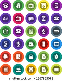 White Solid Icon Set- washboard vector, kettle, glasses, alarm clock, abacus, money bag, sand, phone, film frame, tv, video camera, microphone, classic, fridge, closed, kitchen scales