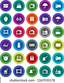 White Solid Icon Set- washboard vector, kettle, hand mill, turk coffee, glasses, alarm clock, abacus, phone, umbrella, film frame, radio, tv, classic, closed, video camera