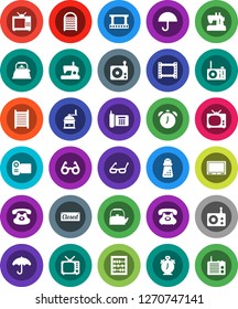 White Solid Icon Set- washboard vector, kettle, hand mill, glasses, alarm clock, abacus, phone, umbrella, film frame, radio, tv, classic, closed, video camera, sewing machine