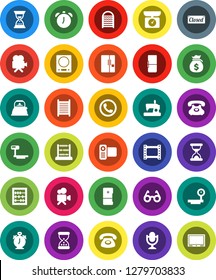 White Solid Icon Set- washboard vector, kettle, glasses, alarm clock, abacus, money bag, sand, phone, big scales, film frame, video camera, microphone, fridge, closed, kitchen, sewing machine, tv