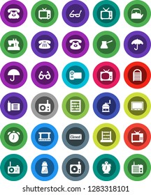 White Solid Icon Set- washboard vector, kettle, hand mill, turk coffee, glasses, alarm clock, abacus, phone, umbrella, film frame, radio, tv, classic, closed, video camera, sewing machine