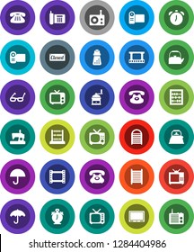 White Solid Icon Set- washboard vector, kettle, hand mill, glasses, alarm clock, abacus, phone, umbrella, film frame, radio, tv, classic, closed, video camera, sewing machine